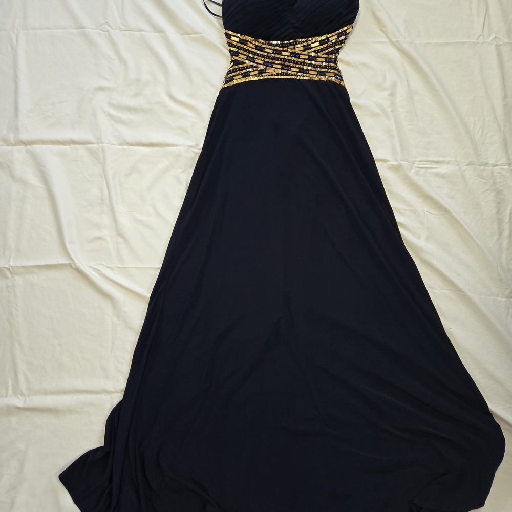 Prom Dress-Navy blue, One-shoulder Evening Gown With gold Sequin by Blondie Nite